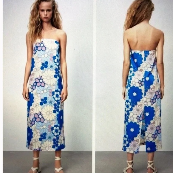 Zara woman’s new retro floral print satin tube midi dress - Picture 1 of 12